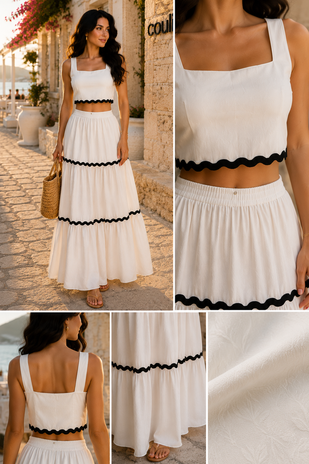 Şerit Detaylı Crop Etek Takımı